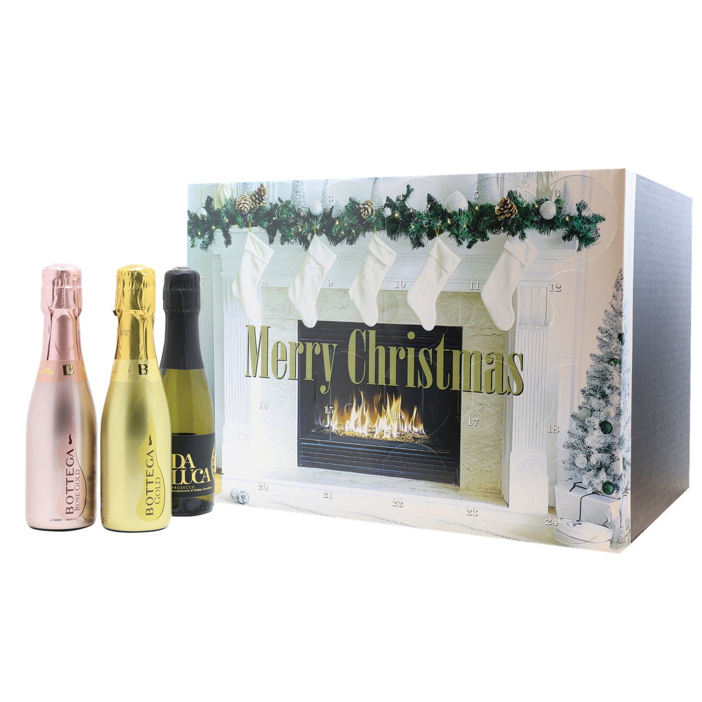 [ADVENTWHITEFIREPLACE] Prosecco Advent Calendar, 24 x 20cl bottles 'White Fireplace Scene'